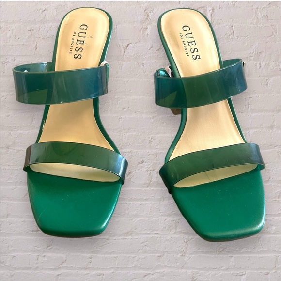 Guess Open Toe Hunter Green Clear High Heel Slip On Sandals Size 7 - Picture 1 of 6